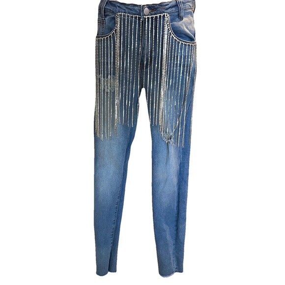 Hot & Delicious Denim - Hot & Delicious Rhinestone Fringe Jeans Y2K Inspired Distressed Womens Small NWT